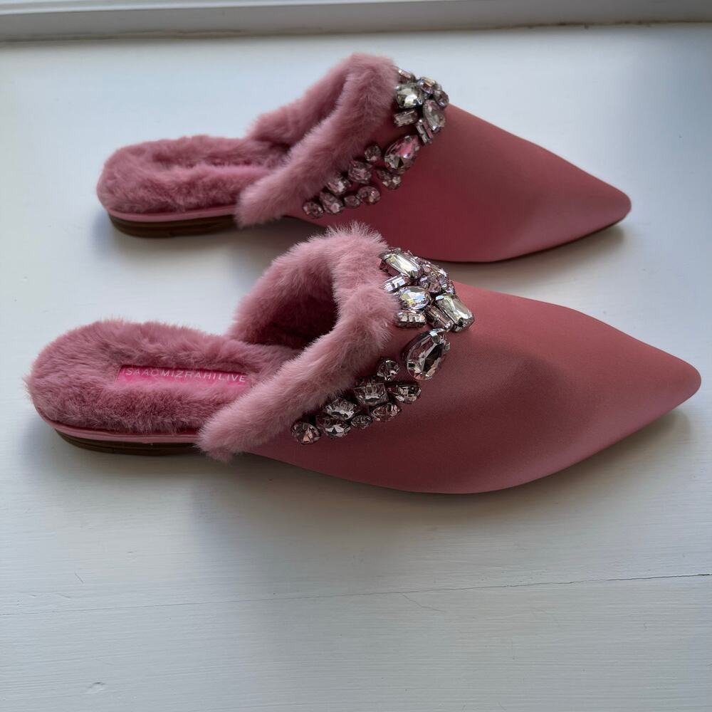 Isaac Mizrahi Live! Embellished Mule Pink 6.5 M Rhinestone Rimmed Faux Fur - Picture 7 of 9